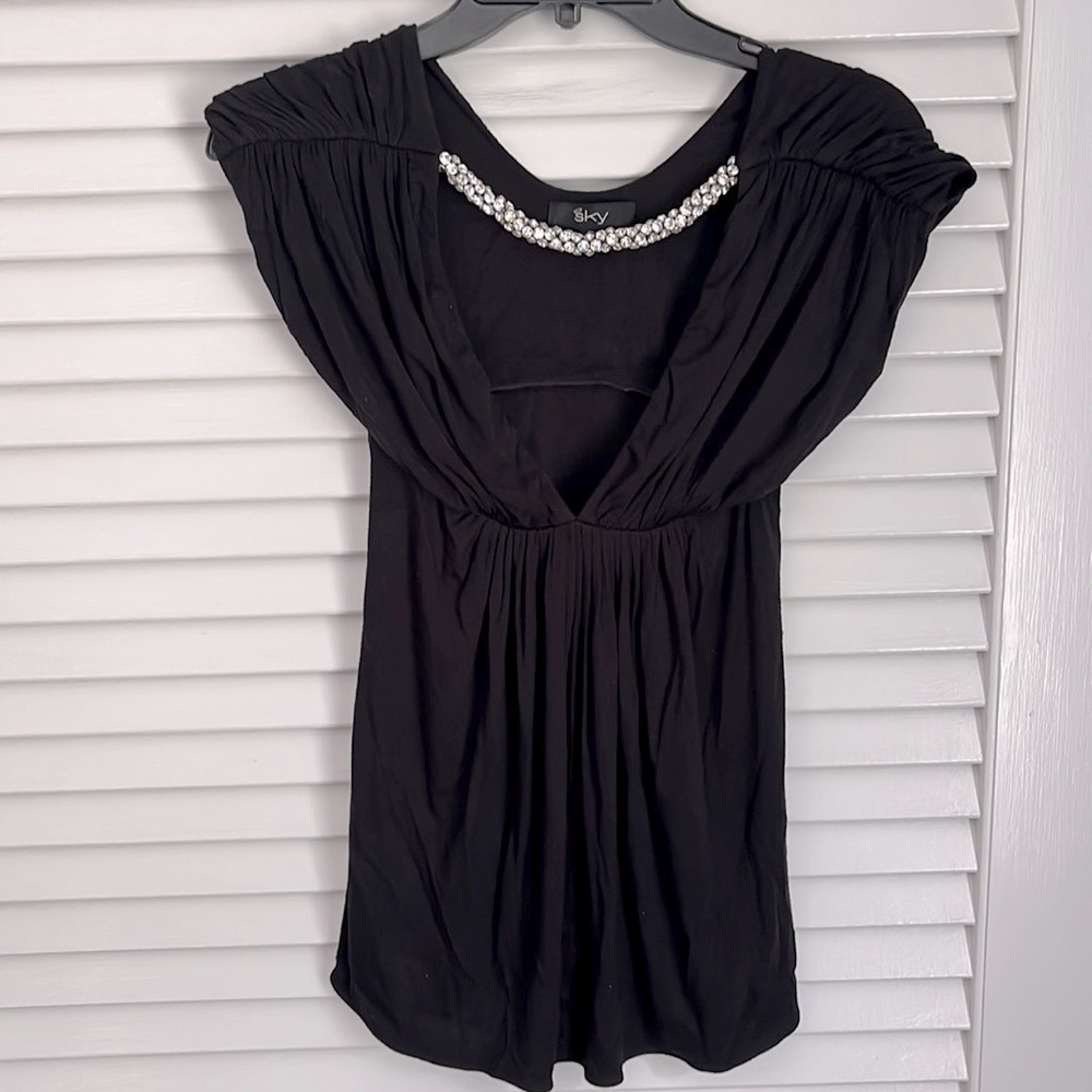 Y2K Vintage Bravo RHOC Sky Babydoll Shirt Heavyweight Crystal Necklace Detail